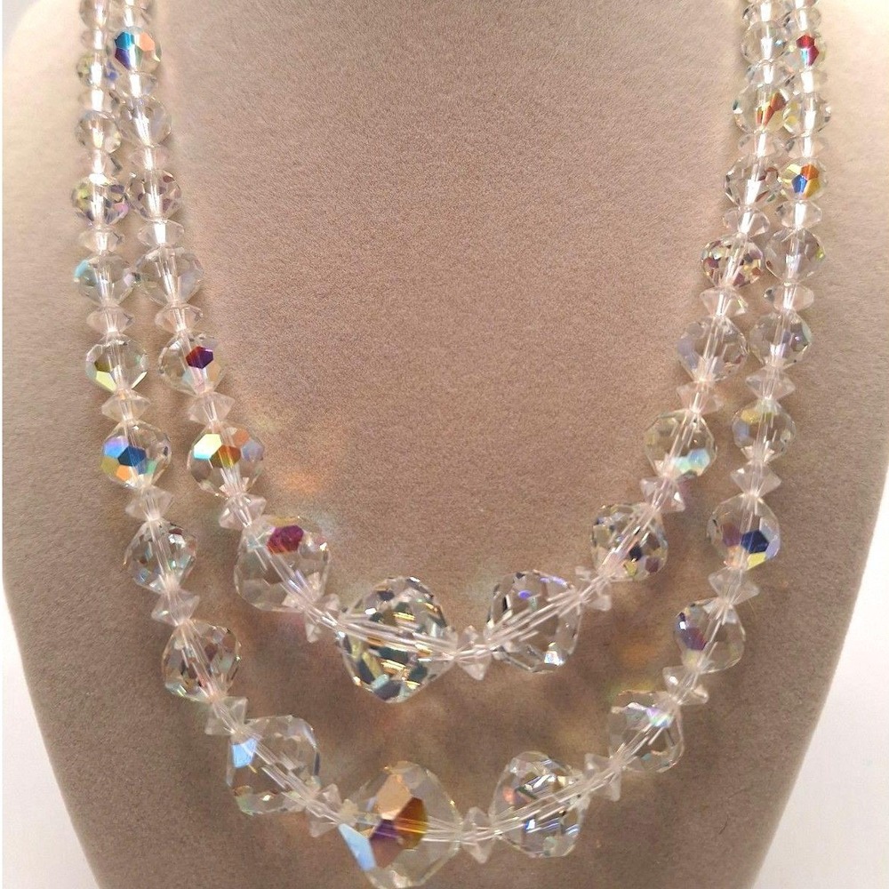 Vintage beaded necklace AB crystal 2 strand gold tone mid century